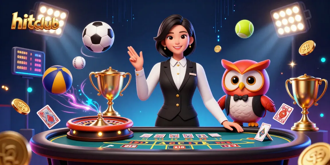 Place bets and win at hitclub with a dynamic baccarat and sports betting scene featuring lively dealers.