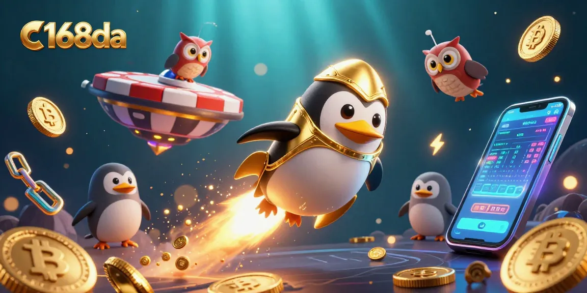 Experience high-stakes fun with c168da's vibrant casino adventure, showcasing a dynamic penguin and crypto icons.