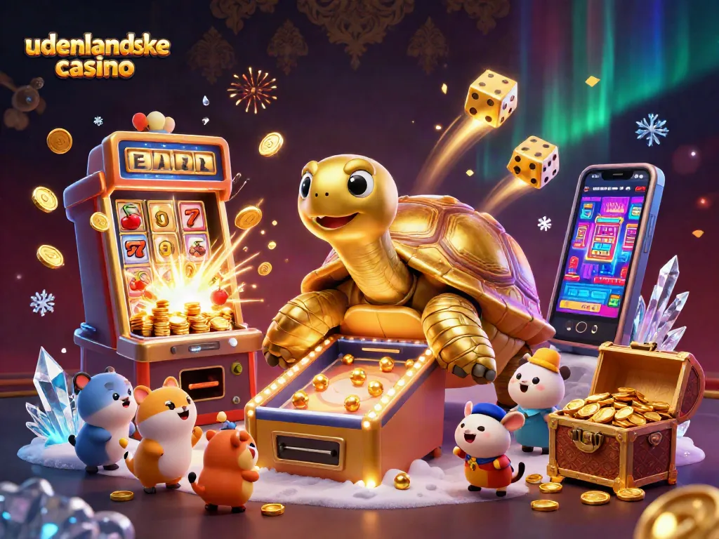 Engage with udenlandske casino through this vibrant illustration showing a golden tortoise playing in a pinball-themed casino.