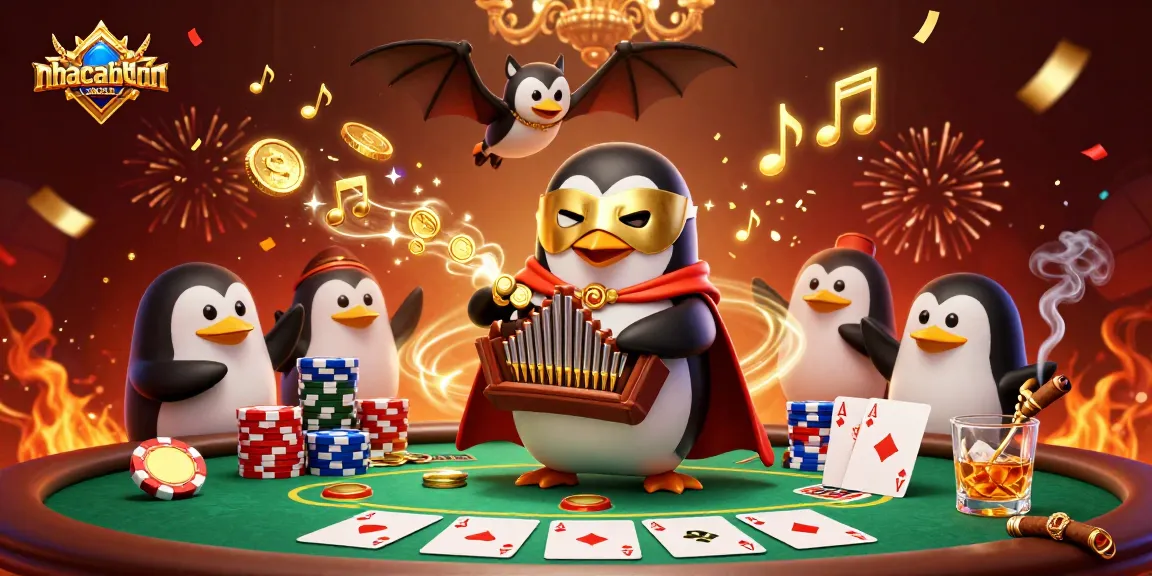 Experience winning strategies at nhacaibetuytin with a vibrant casino-themed illustration featuring a phantom penguin.