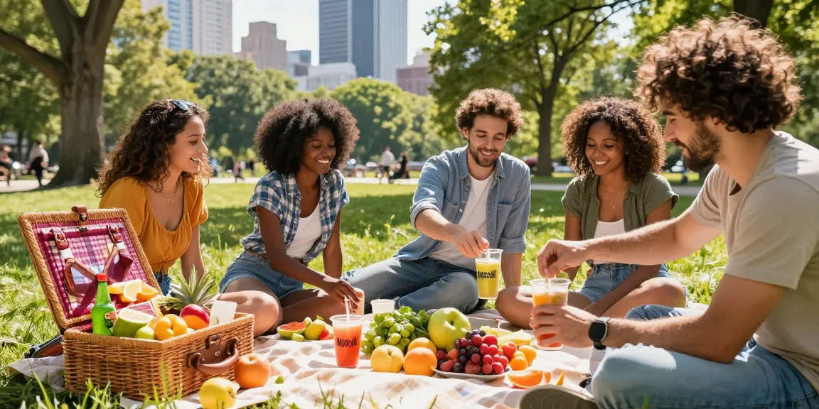Friends celebrating with Motchill beverage in a sunny park setting, filled with vibrant colors and snacks.