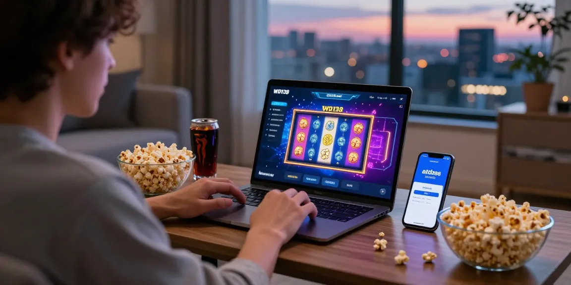 Engaged gamer using akses login wd138 on laptop, vibrant slot games visible, cozy living room.