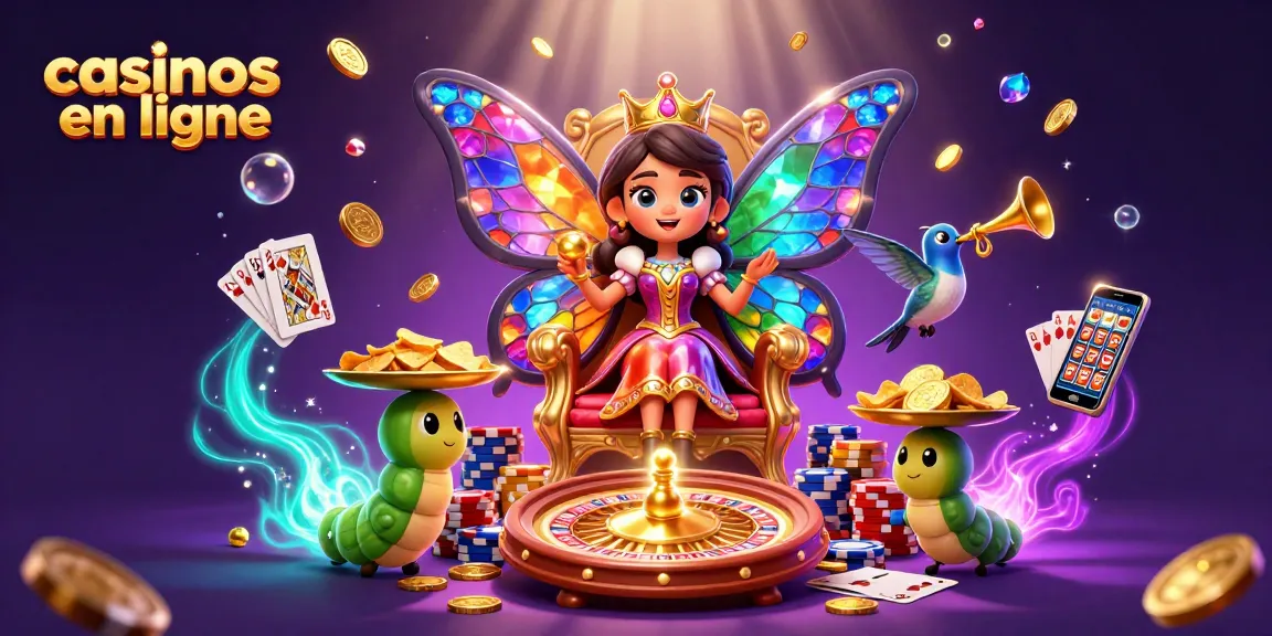 Jouez aux casinos en ligne avec une reine papillon entourée de pièces d'or et de jetons de poker.