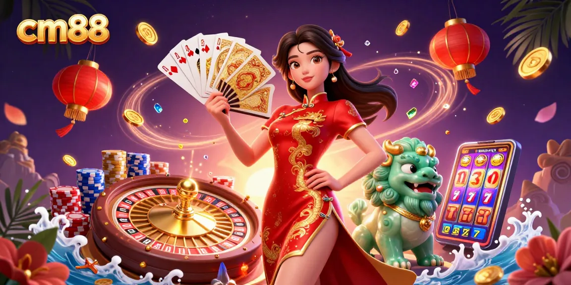Play exciting games at cm88 while enjoying a vibrant 3D casino atmosphere filled with gold.