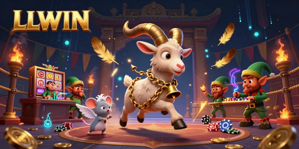 Engaging LLWIN casino scene featuring Krampus, an angel mouse, and mischievous elves stealing poker chips.