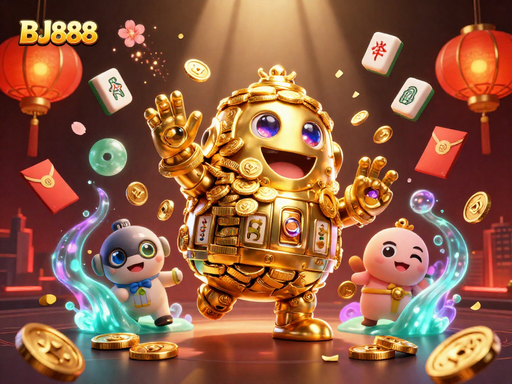 Experience excitement with BJ888's golden golem amidst vibrant casino elements, showcasing thrilling gaming.