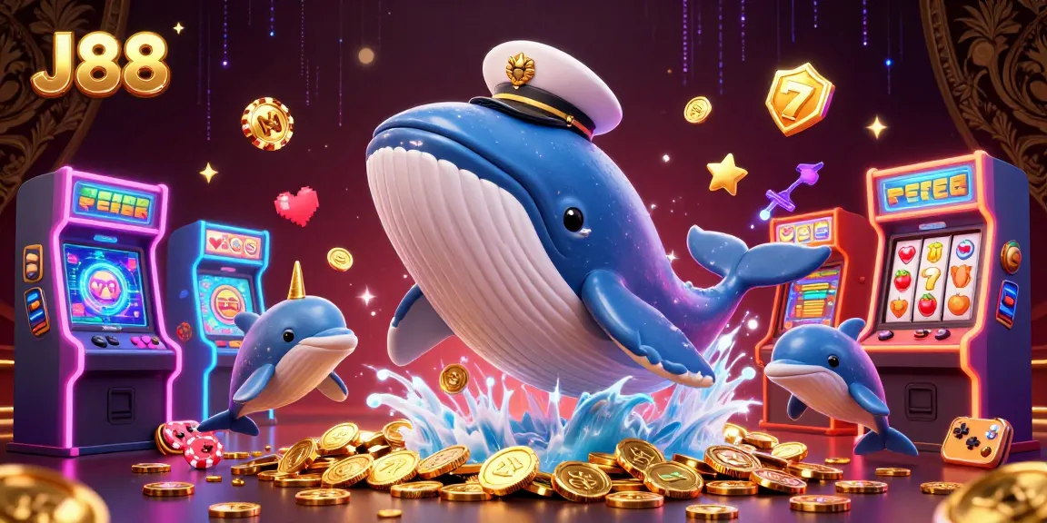 Experience exciting games with J88's vibrant whale captain and playful dolphins among coins and slots.