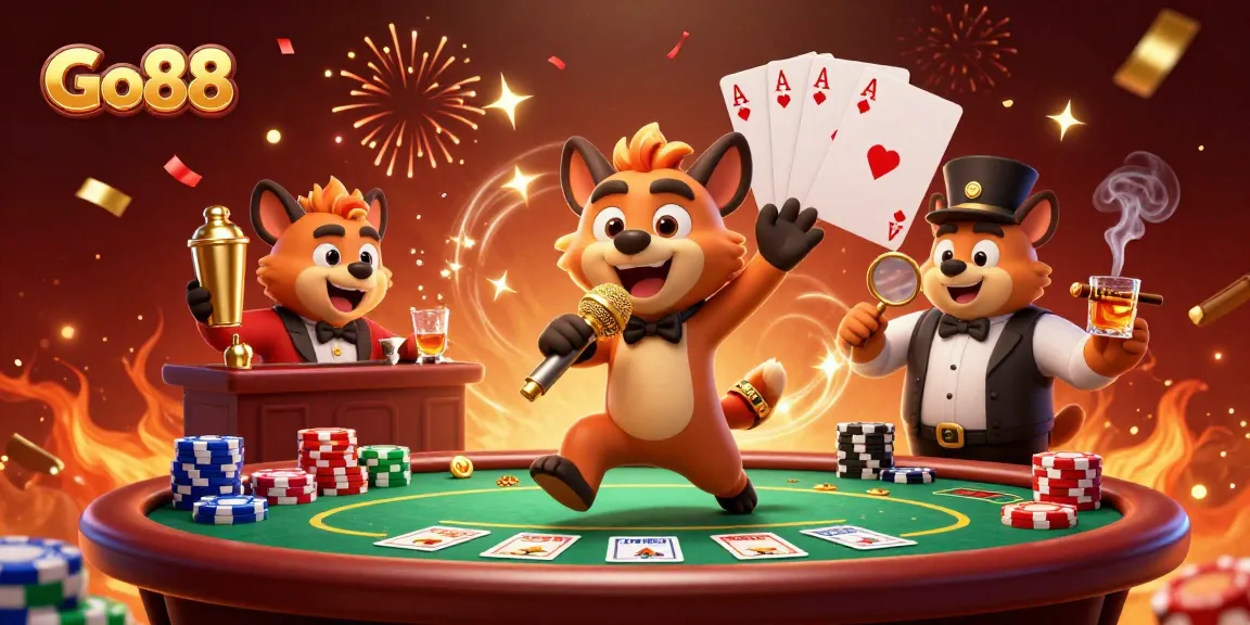 Engage with Go88’s vibrant casino scene featuring animated hyenas in a comedy club ambiance.
