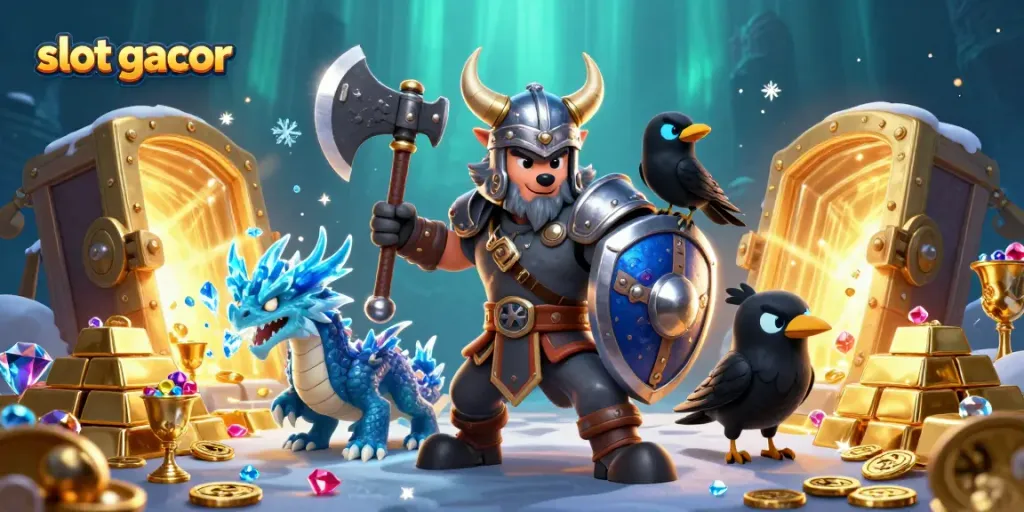 Engage in thrilling gameplay with the captivating slot gacor Viking wolf and dragon illustration, enriched with gold treasures.