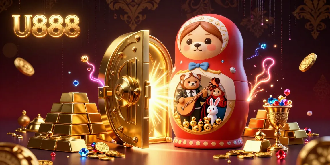 Experience thrilling gameplay at U888, surrounded by festive casino characters and sparkling treasures.
