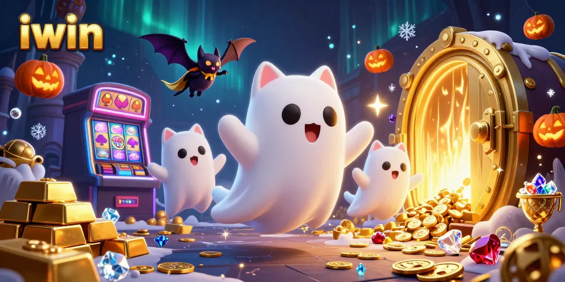 Experience iwin's thrilling online gaming with a spooky ghost cat in a vibrant casino scene.