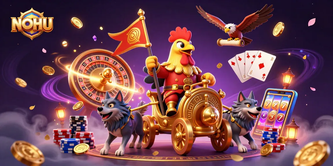 Engage with NOHU's gaming journey in this vibrant 3D casino illustration featuring a warlord and treasure.