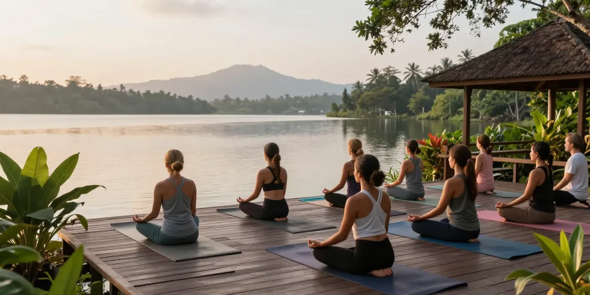 Yoga teacher training Sri Lanka 2026: Participants meditating at Koggala Lake during sunrise.