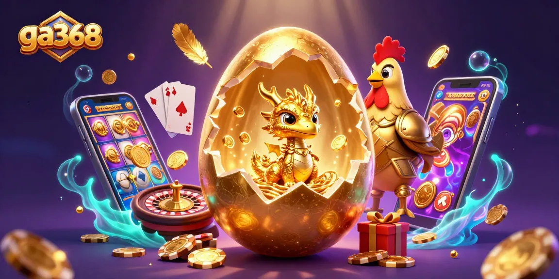 Engage in thrilling action with ga368's golden dragon mascot amidst poker chips and vibrant gaming elements.