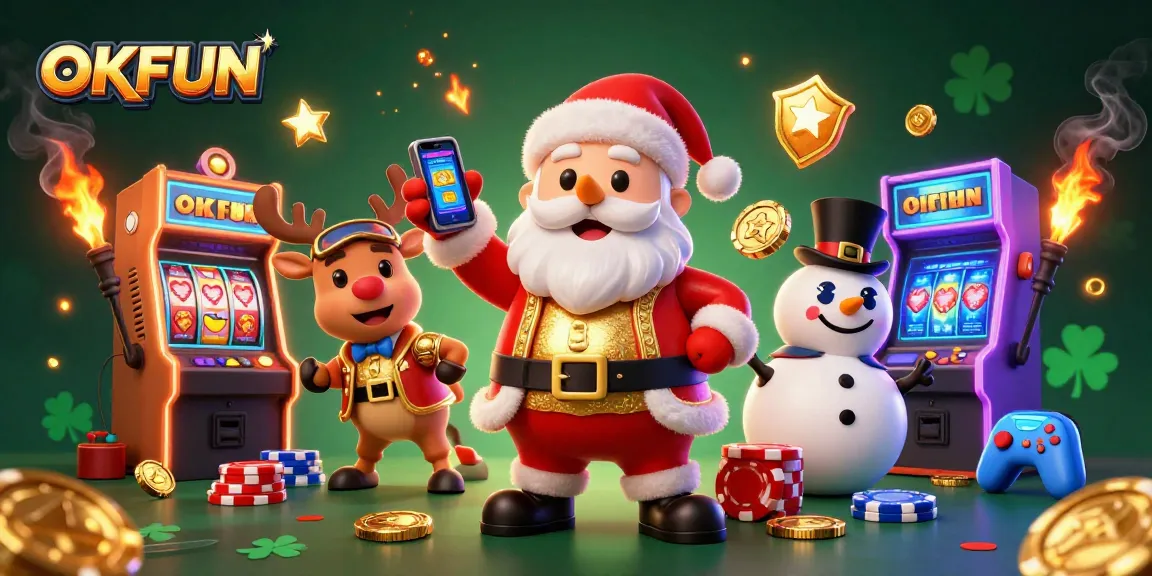 Experience the excitement of OKFUN as Santa spins jackpot slots with friends in a dazzling casino scene.