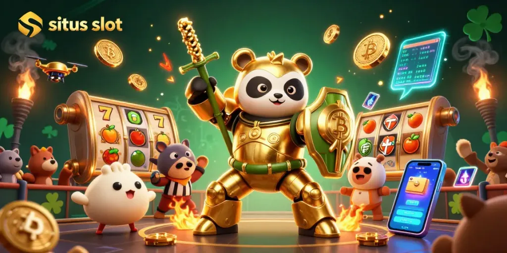 Situs slot scene showcasing a golden panda in a mech-suit battling with slot game elements and crypto coins