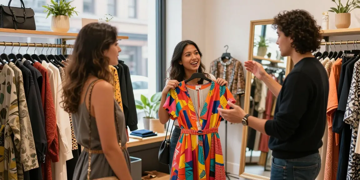 Consulenza di personal shopping in un elegante boutique urbana con stylist e cliente.
