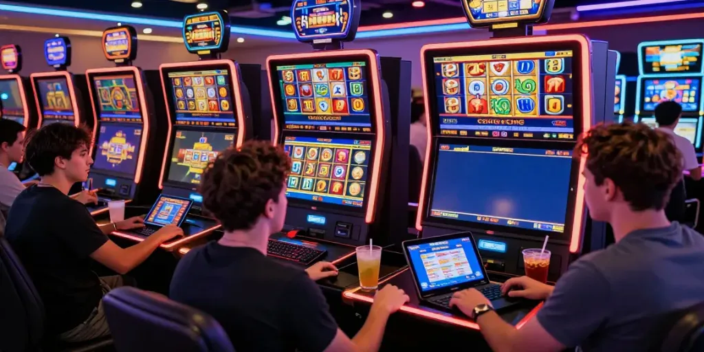 Players enjoying king999 slot games in a vibrant online casino setting