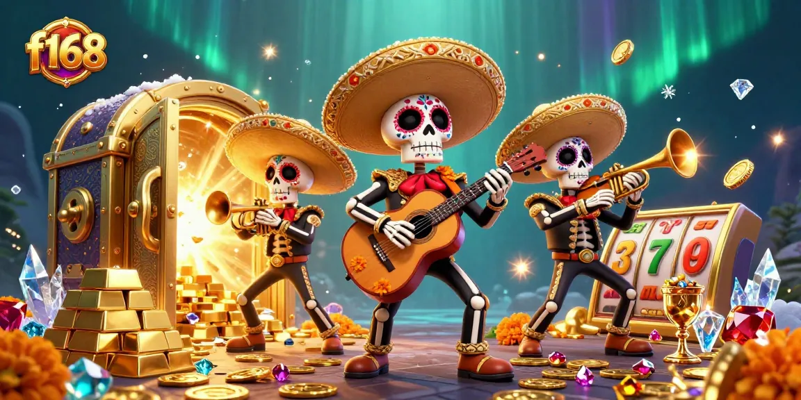 Experience thrilling gaming with f168 through colorful skeleton mariachi band in a vibrant casino scene.