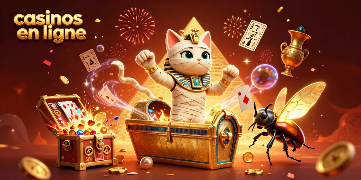 Jouez aux casinos en ligne avec une illustration captivante d'un chat momie égyptien dans un casino de pyramide.