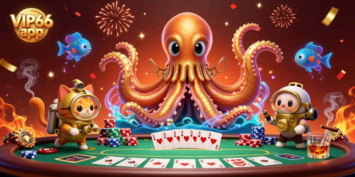 Engage with the VIP66 app in this vibrant casino scene featuring a kraken, diving cat, and poker elements.