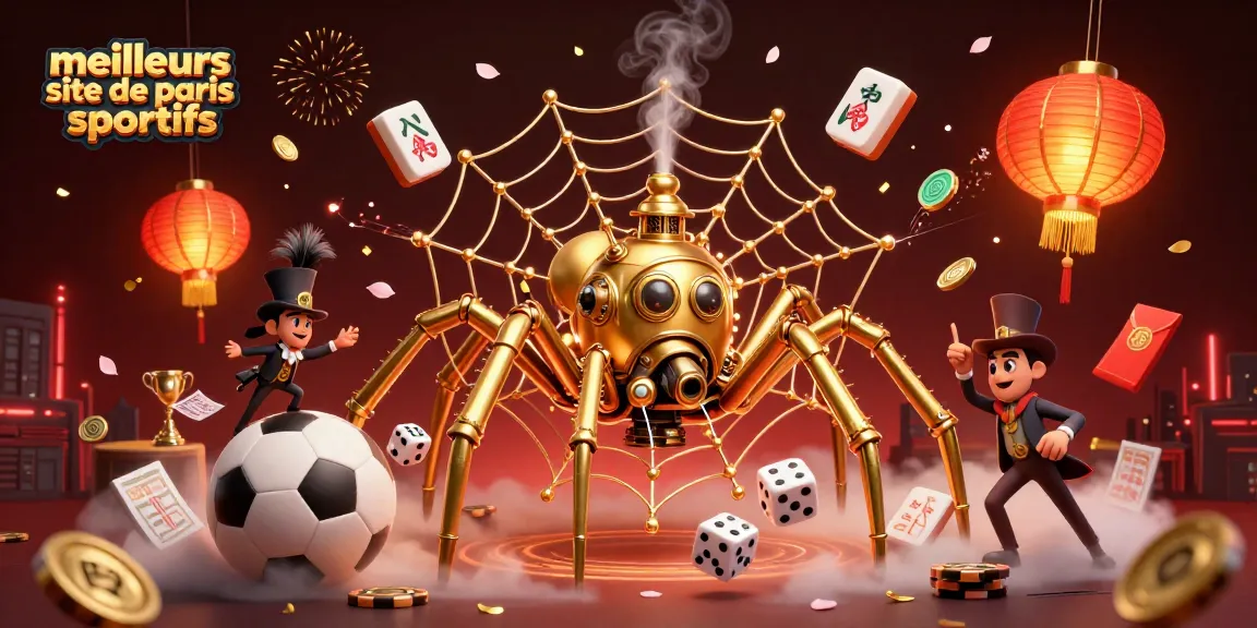 Illustration captivante des meilleurs sites de paris sportifs, avec une araignée steampunk dorée et des éléments de jeu.