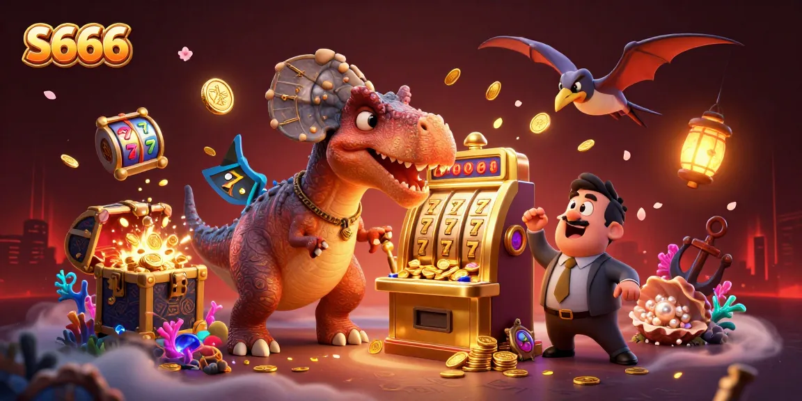 S666 casino scene with a pachycephalosaurus at a jackpot slot, creating a lively gambling atmosphere.
