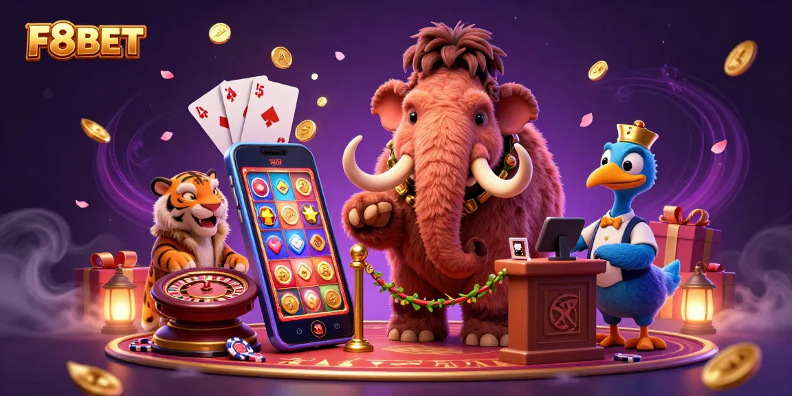 Experience the excitement of F8BET with a lively 3D casino illustration featuring vibrant characters and gaming elements.