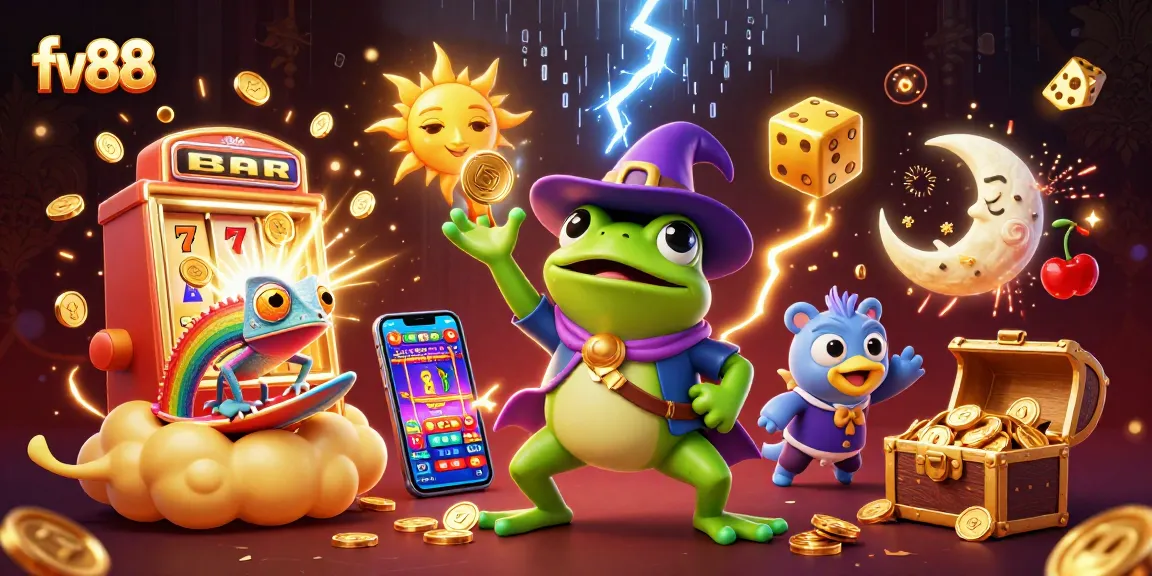 Experience fv88's thrilling golden coin storm with vibrant casino elements in a lively 3D illustration.
