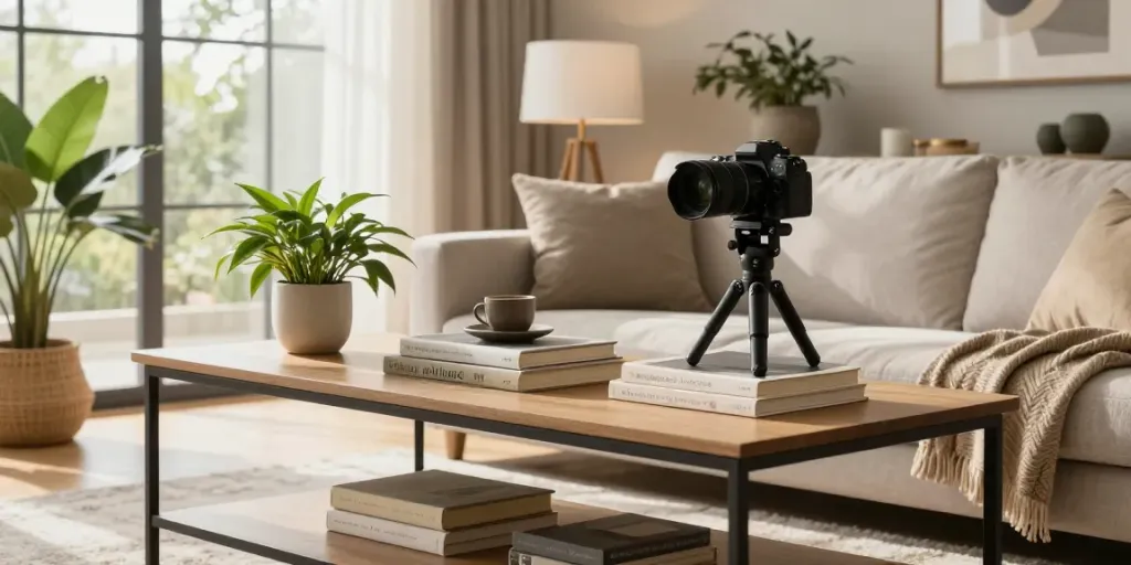 Home The Spruce stylish living room with elegant sofa table and cozy decor.