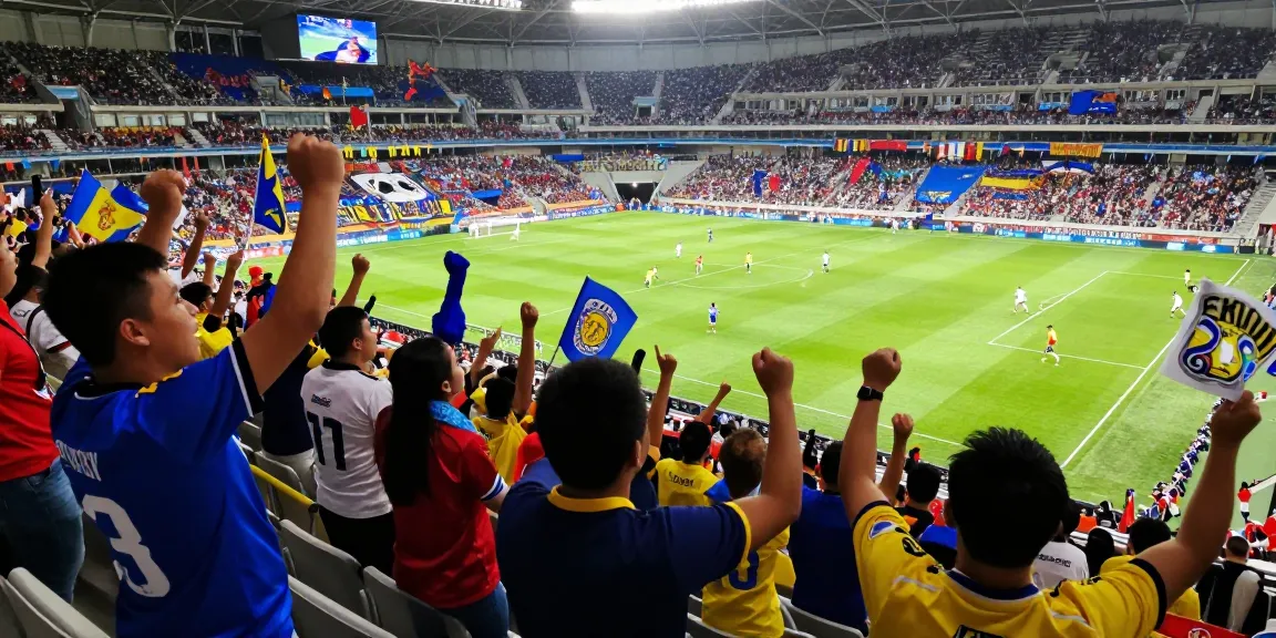 Excited football fans celebrating during a koora live match with colorful jerseys and banners in a vibrant stadium atmosphere.
