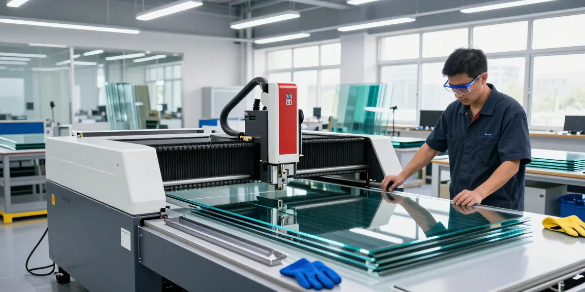Technician operating a CNC glass cutting machine in a modern workshop.