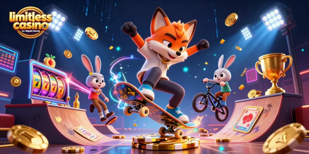 Discover limitless casino no deposit bonus through an action-packed 3D illustration of characters celebrating gaming.