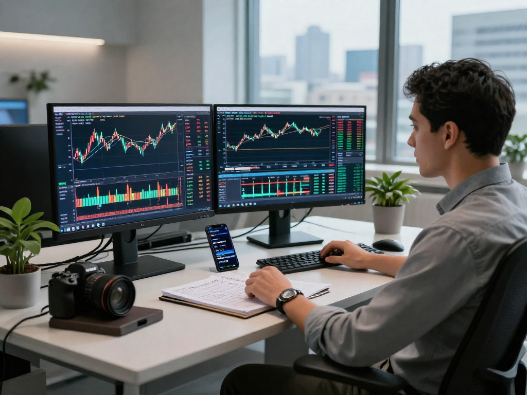 使用TradingView分析股票和加密货币的交易员在现代办公空间中。