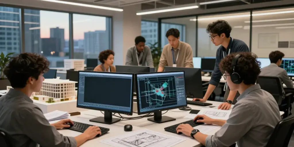 Collaborative ArchiCAD drafting services team working in modern office.