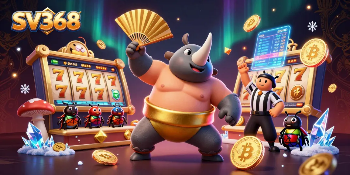 Experience the excitement of SV368 with a dynamic illustration depicting a sumo champion beetle amidst slot reels and flying coins.