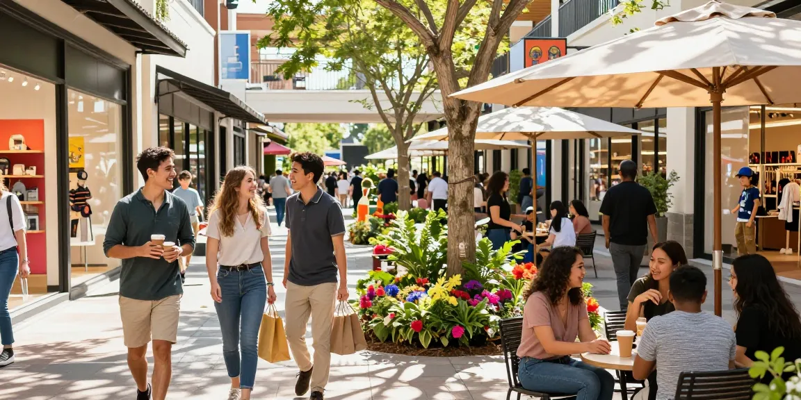 Vibrant shopping experience at https://www.goldhillplaza.com with diverse groups enjoying trendy retail in an inviting outdoor plaza.