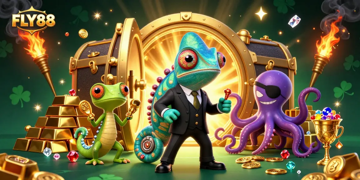 Experience exciting wins with FLY88 in a vibrant 3D casino atmosphere, featuring colorful characters and treasure.