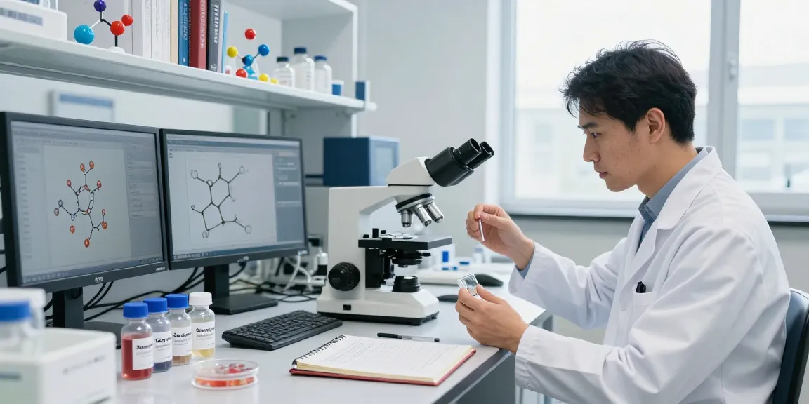 Researcher in lab coat examining SwissChems peptide samples in a bright lab.