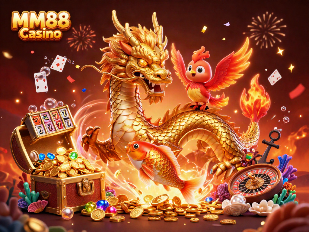 Engage in thrilling action at MM88 Casino with vibrant dragons, phoenixes, and leaping koi surrounded by slot reels.