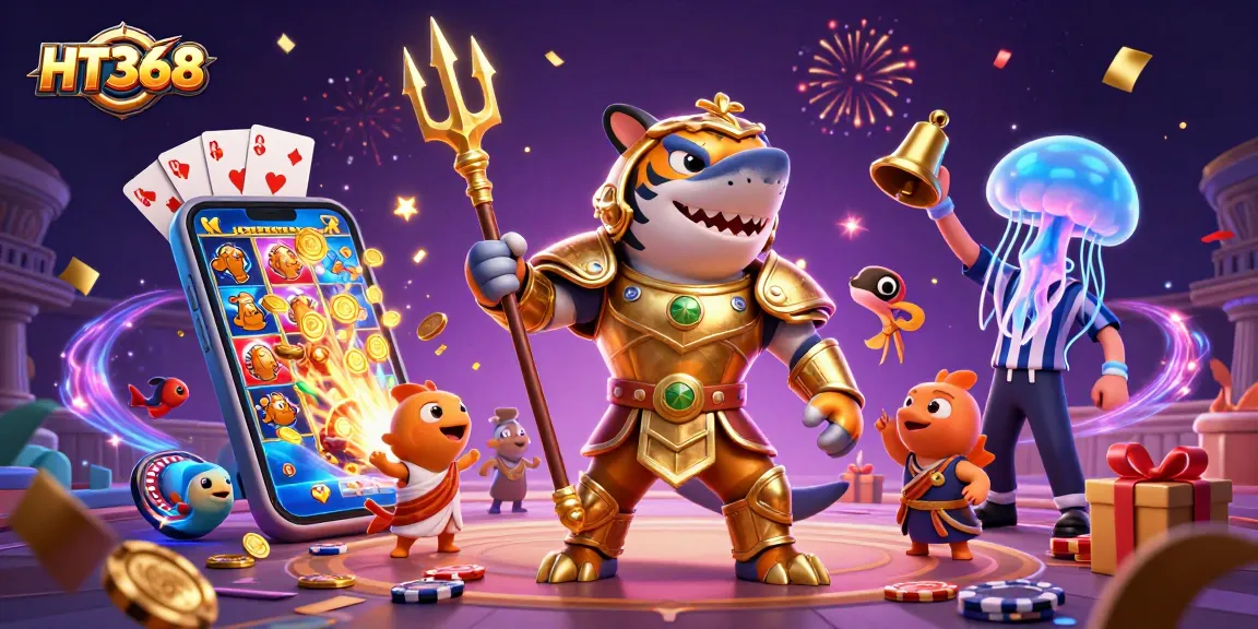 HT368 showcases a dynamic underwater casino scene with a tiger shark and vibrant gaming elements.