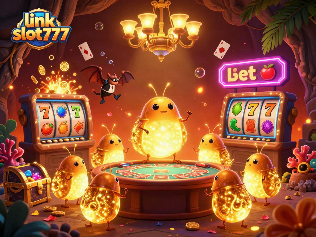 Engage with link slot777 in a vibrant cave casino scene illuminated by colorful glowworms and a bat dealer.
