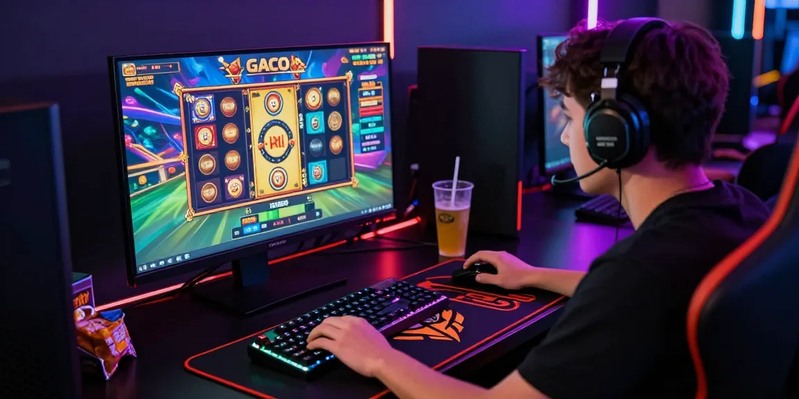 Exciting gaming atmosphere showcasing slot gacor experience with player focused on vibrant online slot game interface.