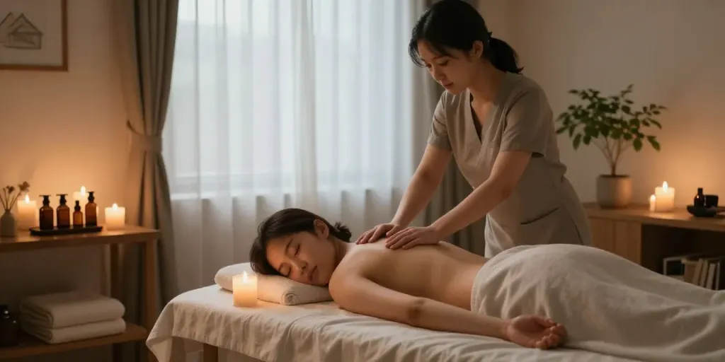 Professional 강남출장마사지 service in a tranquil home setting with soft lighting and aromatic oils.