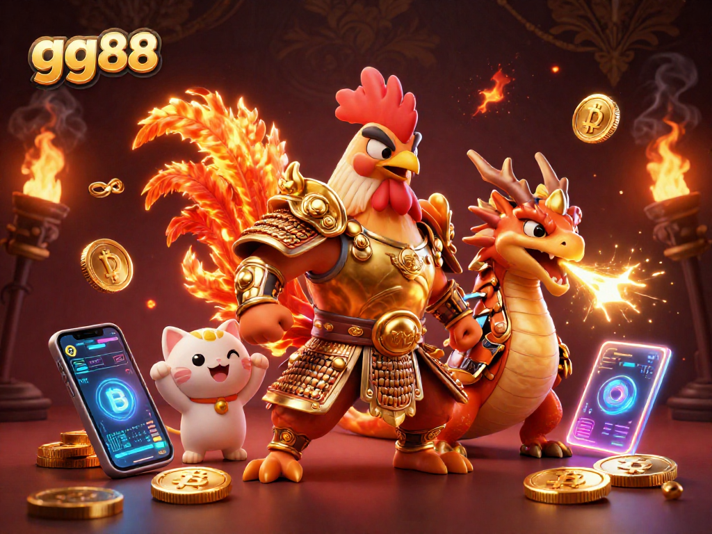 Engage in thrilling gameplay at gg88 with exciting characters like a fighting rooster and armored dragon!