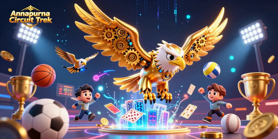 Annapurna Circuit Trek showcases a dynamic scene with a cybernetic eagle amid holographic cards, symbolizing strategic gambling.