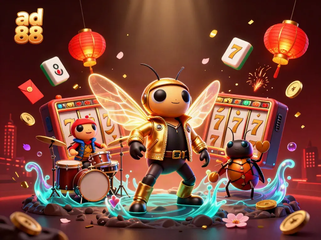 Join the excitement at ad 88 with vibrant slot reels, a rock star, and lively game elements!