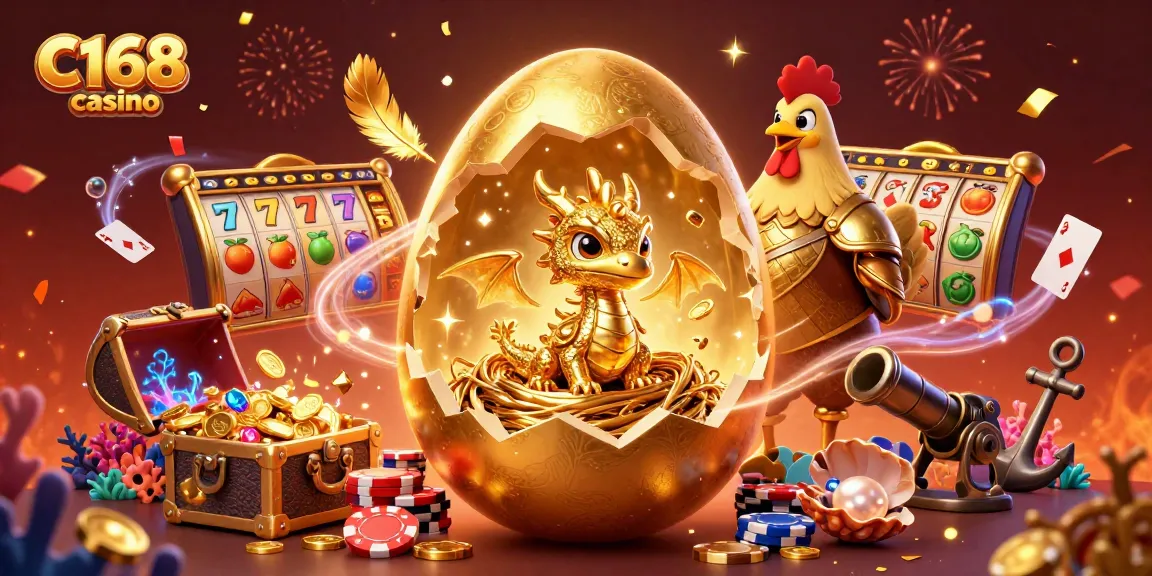 C168 casino illustration showing a dragon amidst colorful slots and gaming elements