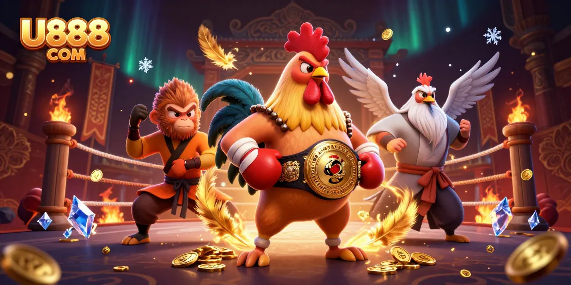 Engage with U888 COM's electrifying 3D illustration featuring a Muay Thai rooster, martial artists, and dynamic casino elements.