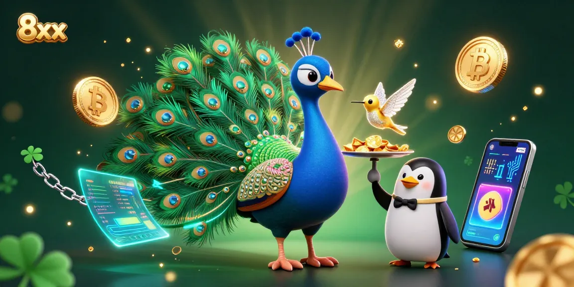 Experience the 8xx casino world with a vibrant scene filled with crypto coins and lively characters.